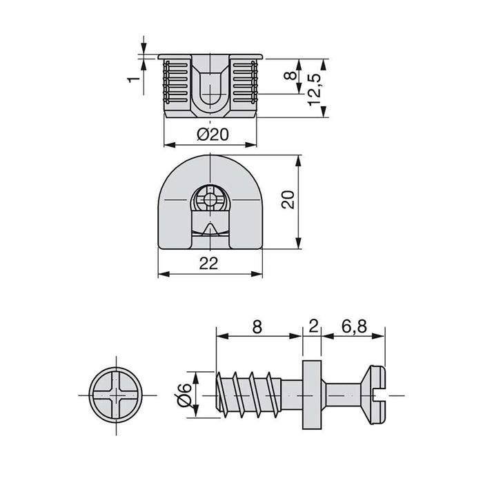 Emuca Supporto per ripiani, D. 20 mm, 12,5 mm + Perni D.6 mm, 8 mm, Zama e Acciaio, Nichelato, 20 u.
