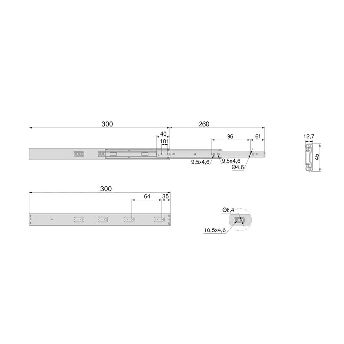 Emuca Kit guide per cassetti, a sfera, 45 x 300 mm, estrazione totale, sistema push, chiusura soft, Zincato, 5 u.