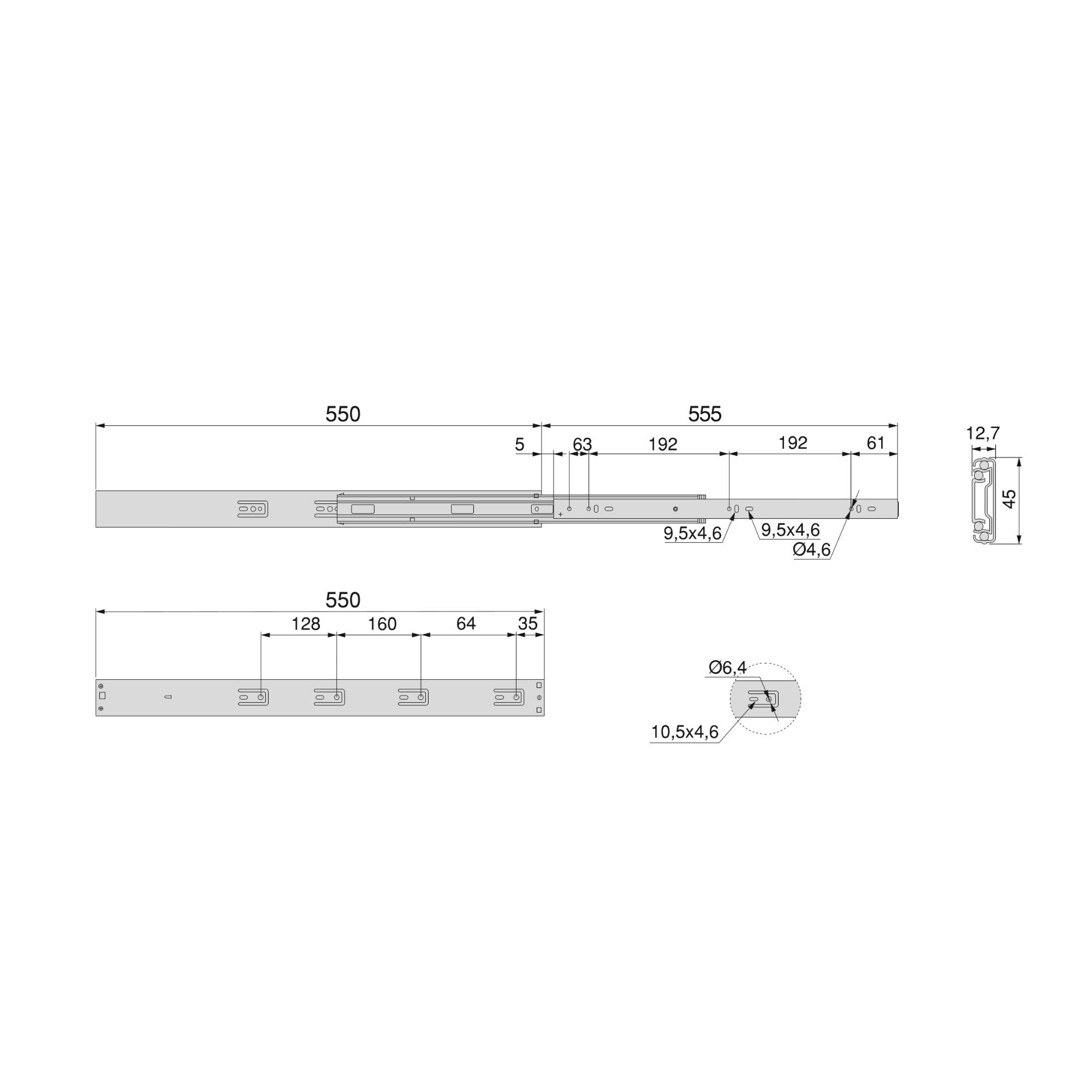 Emuca Kit guide per cassetti, a sfera, 45 x 550 mm, estrazione totale, sistema push, chiusura soft, Zincato, 5 u.