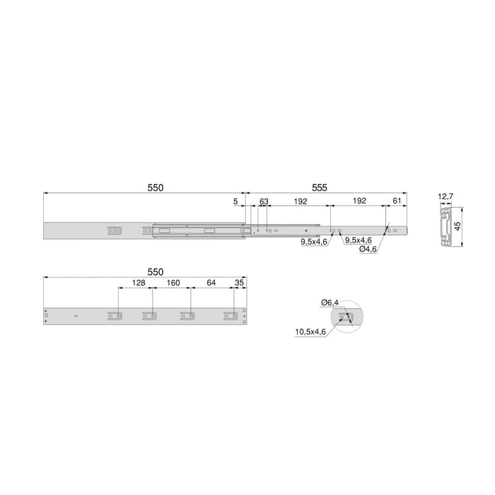 Emuca Kit guide per cassetti, a sfera, 45 x 550 mm, estrazione totale, sistema push, chiusura soft, Zincato, 5 u.
