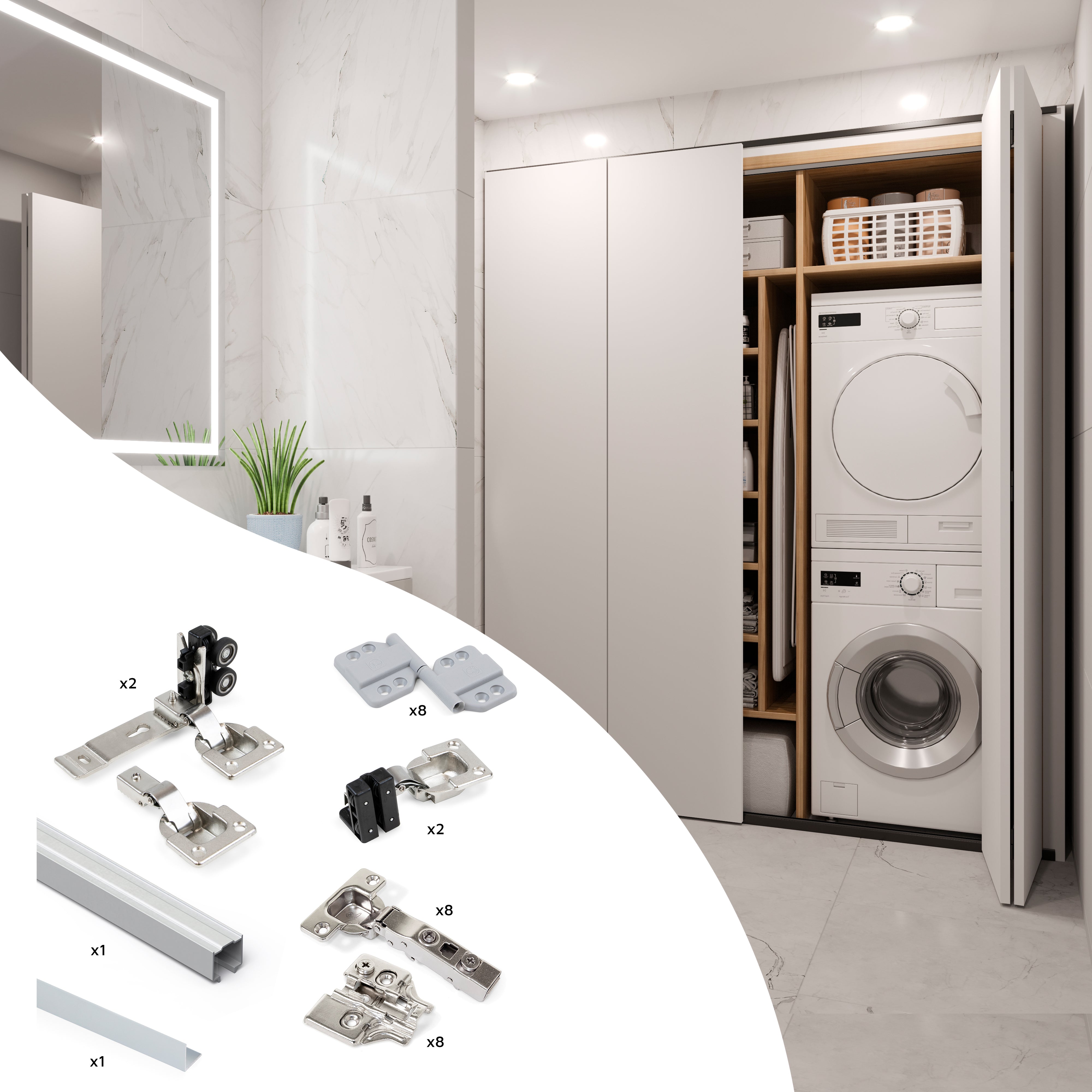 Sistema Twofold in formato kit per 2 ante scorrevoli in legno pensili e pieghevoli con chiusura ammortizzata