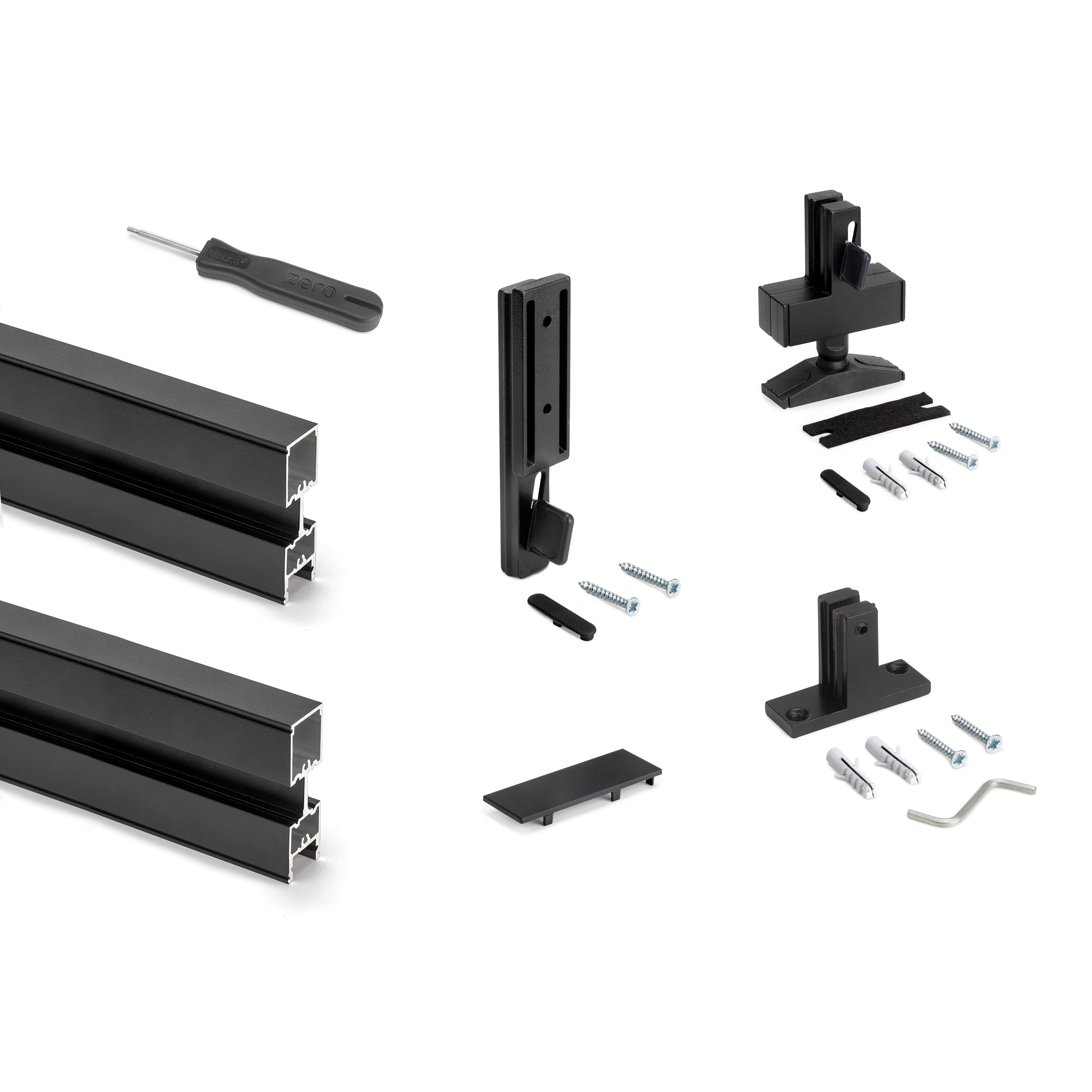Emuca Kit telaio modulare Zero con ferramenta e 3 profili per montaggio a pavimento e a parete con livellatore rettangolare, alluminio e zama, nero testurizzato