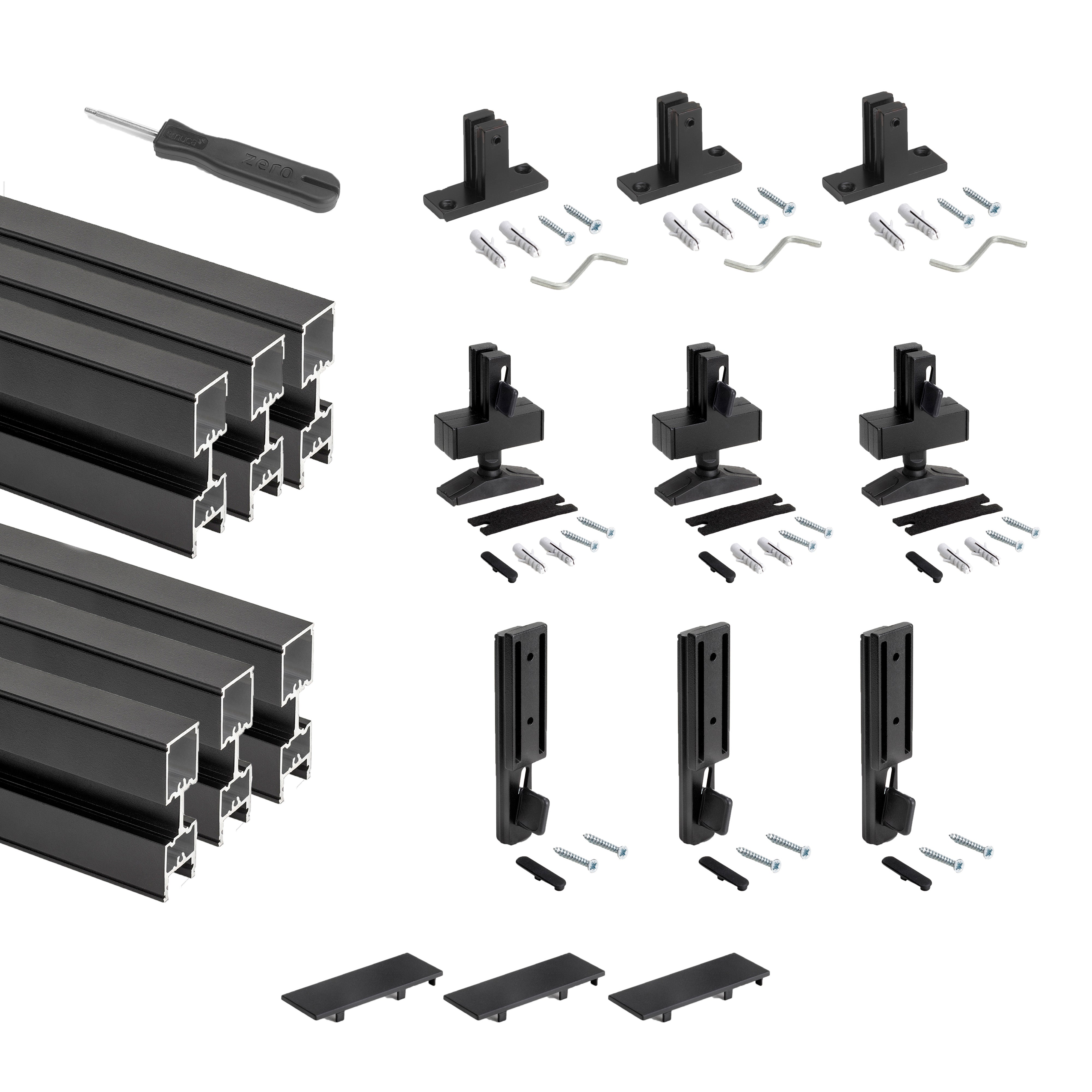 Emuca Kit telaio modulare Zero con ferramenta e 3 profili per montaggio a pavimento e a parete con livellatore rettangolare, alluminio e zama, nero testurizzato