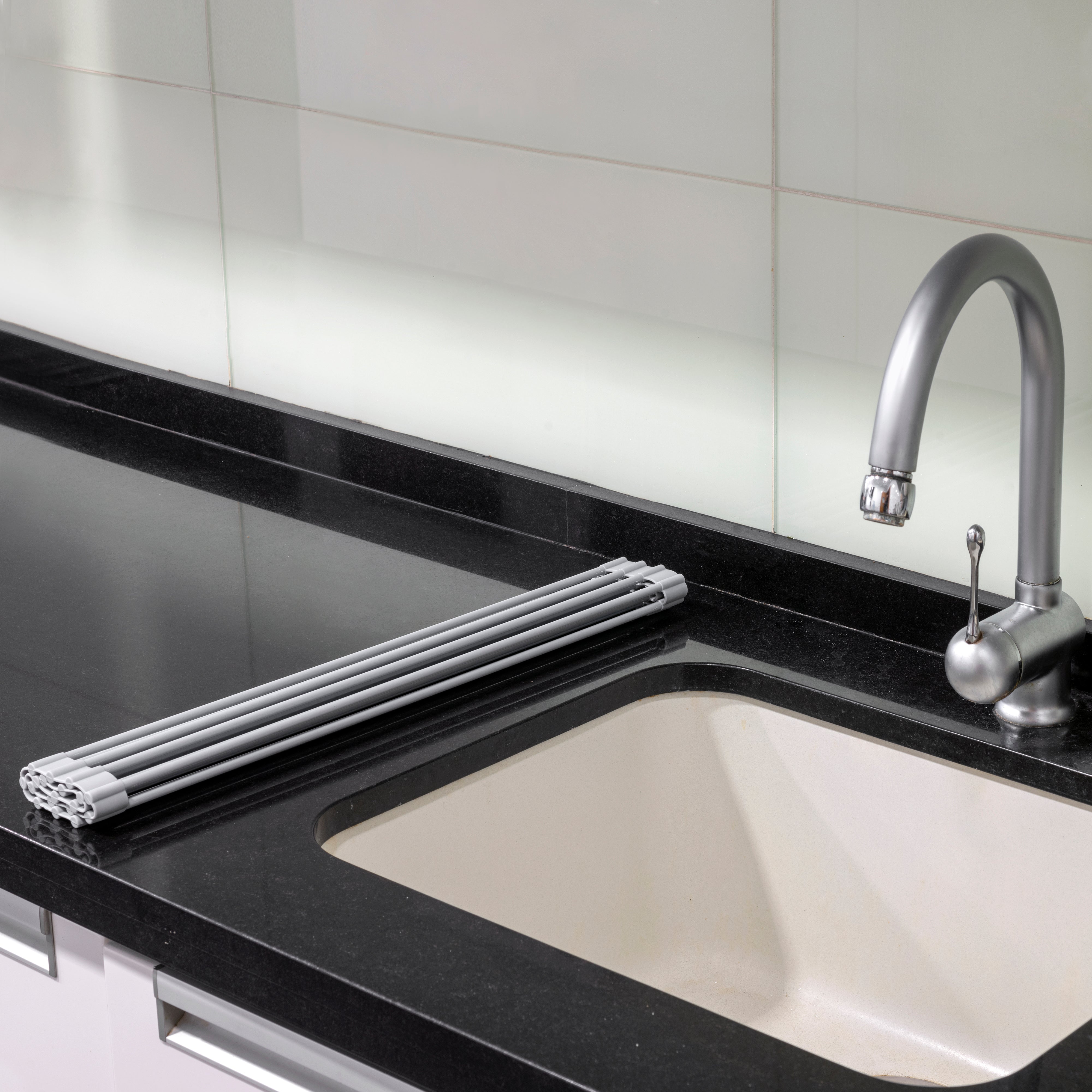 Emuca Scolapiatti in acciaio e silicone flessibile, Plastica grigia, Acciaio e Tecnoplastica, 1 u.