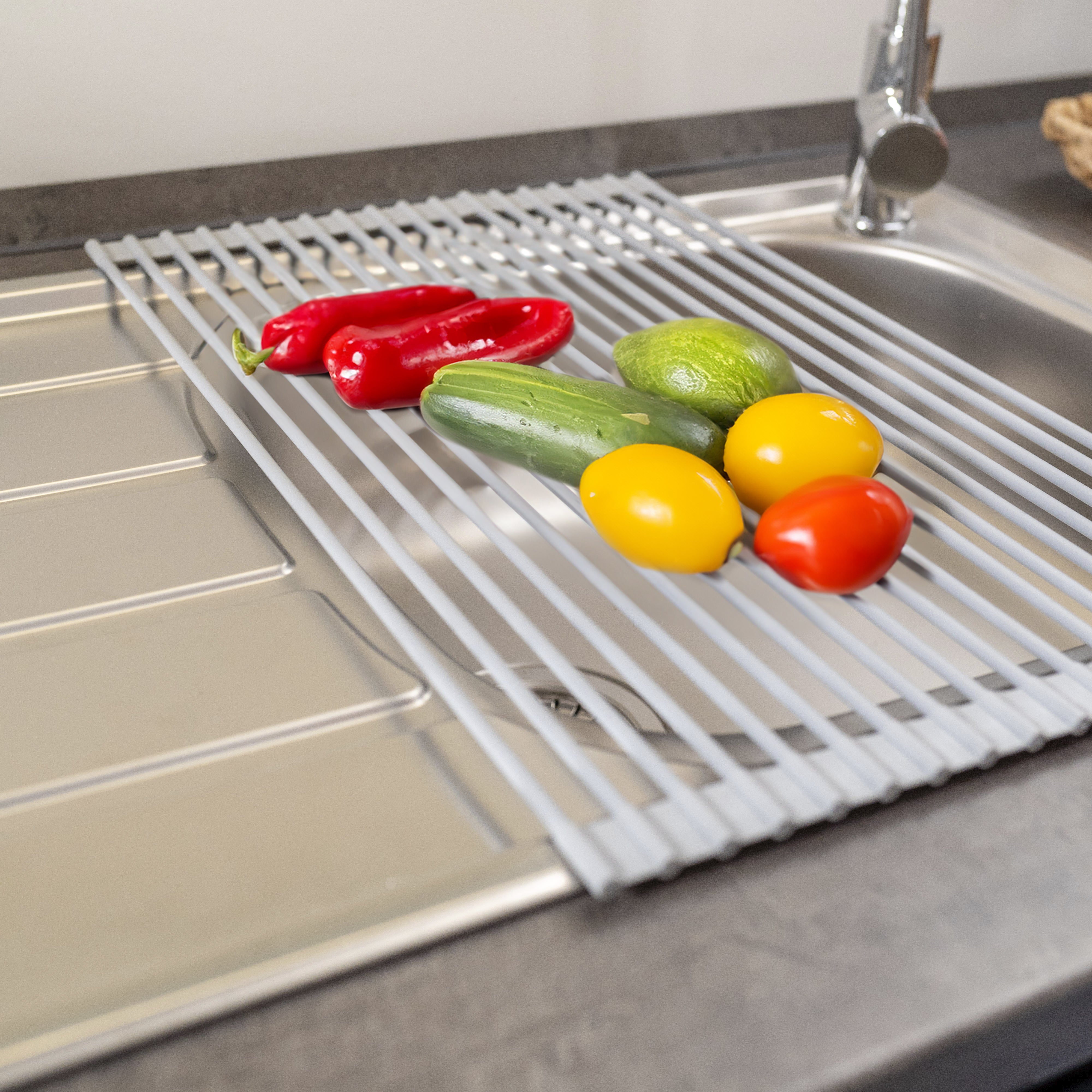 Emuca Scolapiatti in acciaio e silicone flessibile, Plastica grigia, Acciaio e Tecnoplastica, 1 u.