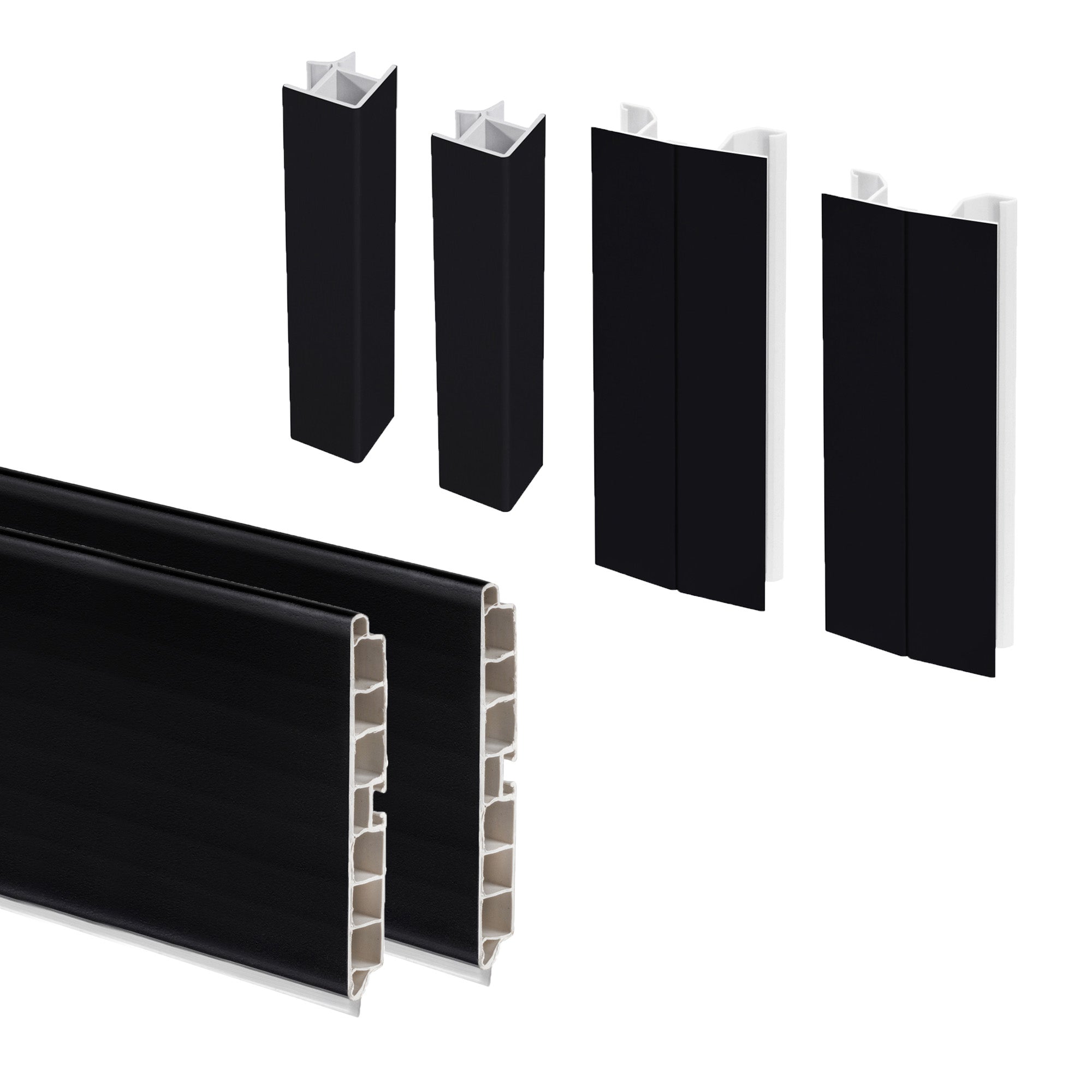 Emuca Kit battiscopa da cucina Plasline con accessori per unione, Altezza 150 mm, 2,35 m, Plastica nera, Tecnoplastica, 1 u.