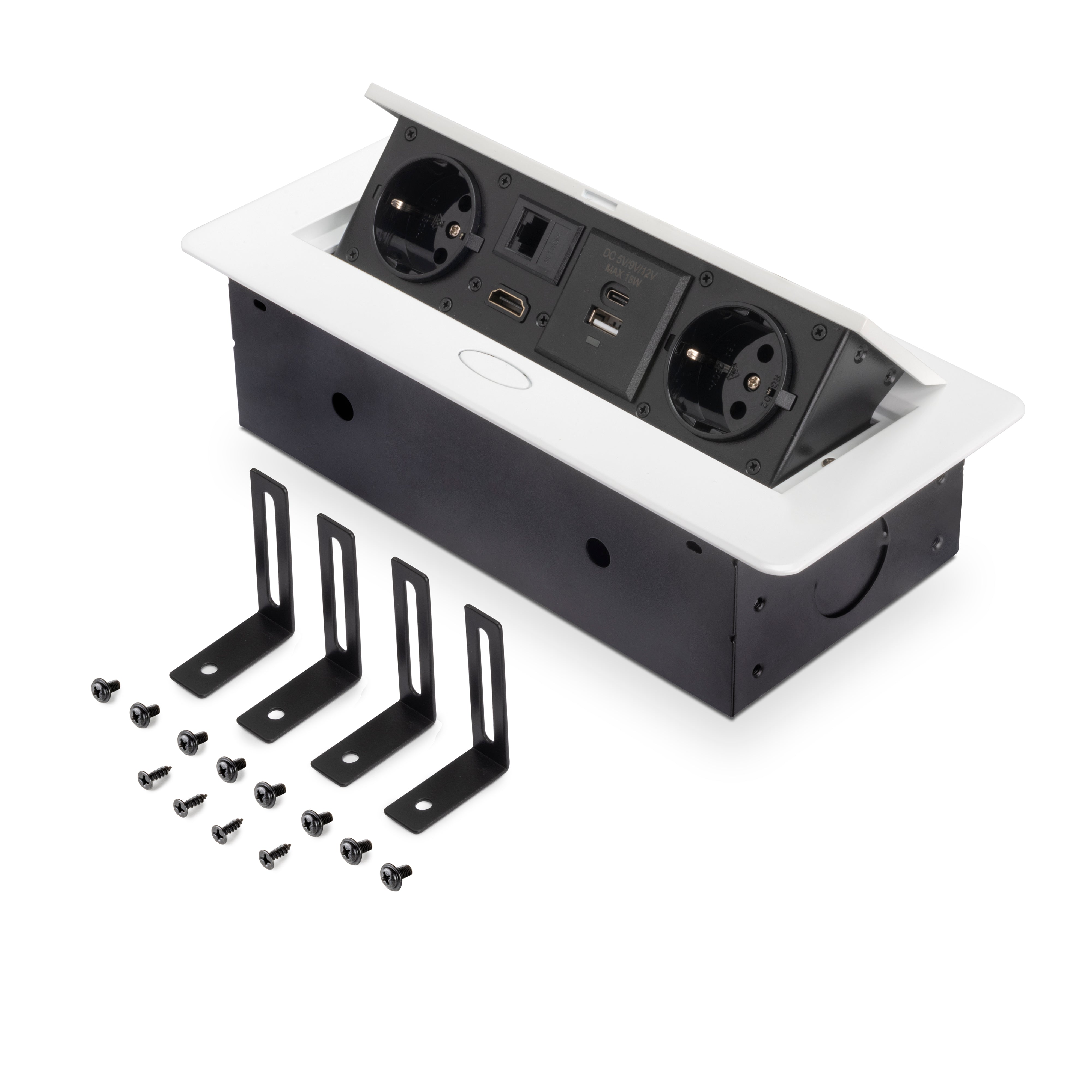 Emuca Multipresa Atom 26 A+C per scrivania, EU, Verniciato bianco, Acciaio e Tecnoplastica e Zama, 1 u.