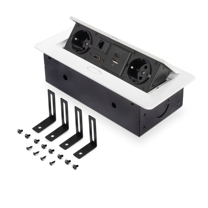 Emuca Multipresa Atom 26 A+C per scrivania, EU, Verniciato bianco, Acciaio e Tecnoplastica e Zama, 1 u.