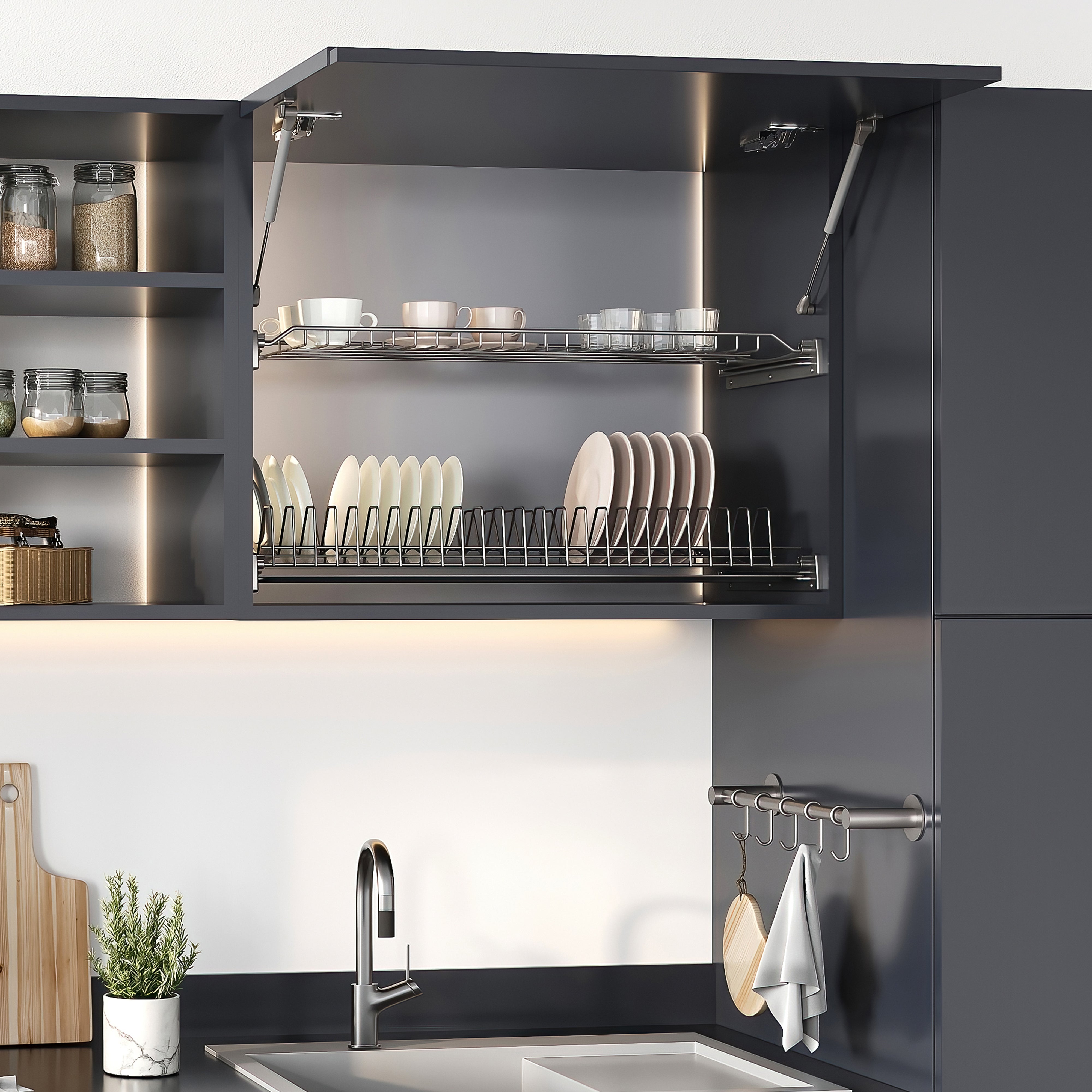 Emuca Pistone diametro 12 Thin con agganci per ante per pensili, 5 kg, Verniciato nichel opaco, Acciaio e Tecnoplastica