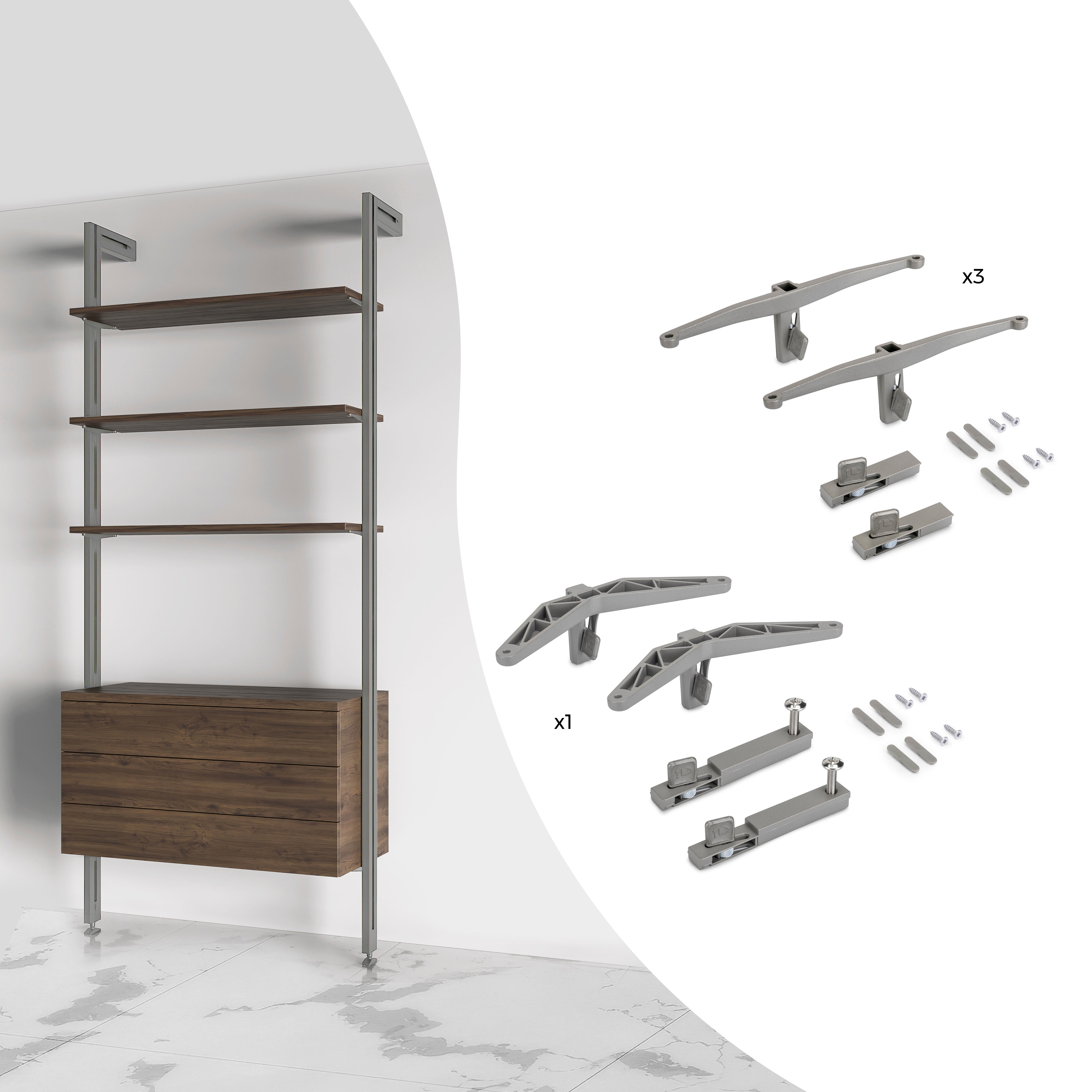 Emuca Kit di 3 set di supporti per mensole in legno e 1 set di supporti per moduli, Zamak, grigio pietra