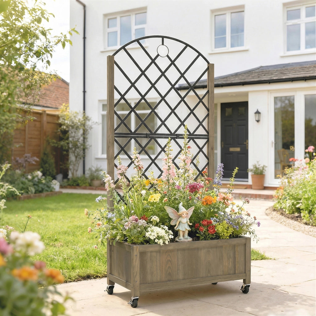 Jardiniere con griglia in acciaio, fioriera su ruote in legno ¨C zephmum ¨C 72x36x168 cm, Finitura Carbonizzata