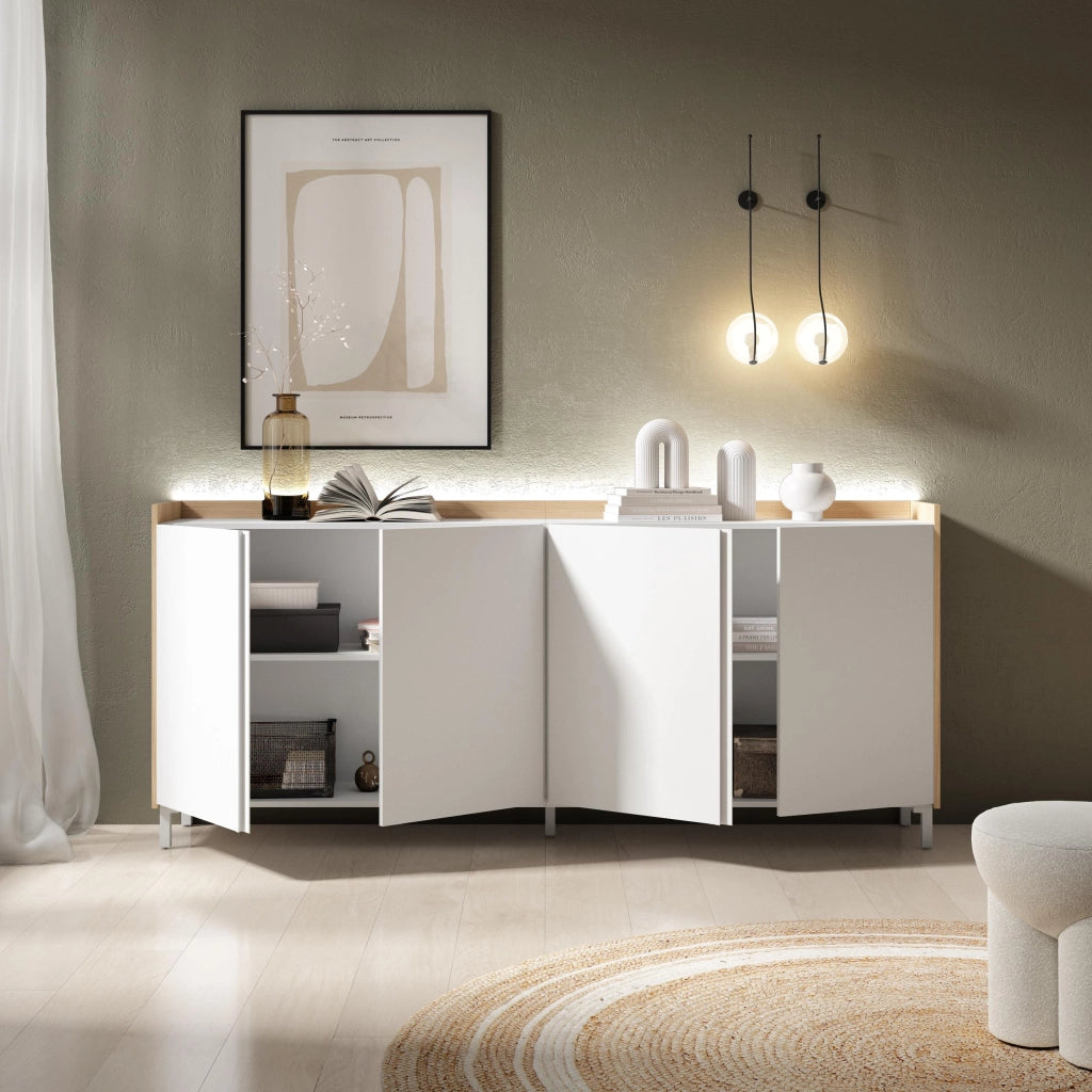 Credenza, Mobile, Cucina, 207x91x35 cm, 4 Porte, Design industriale, LED, Bianco e Rovere soft