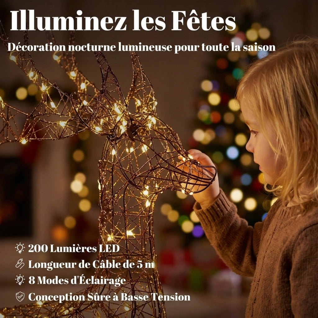Set di 3 renne natalizie luminose, 120 cm, per esterni, con 200 LED bianco caldo, 8 modalità e timer.