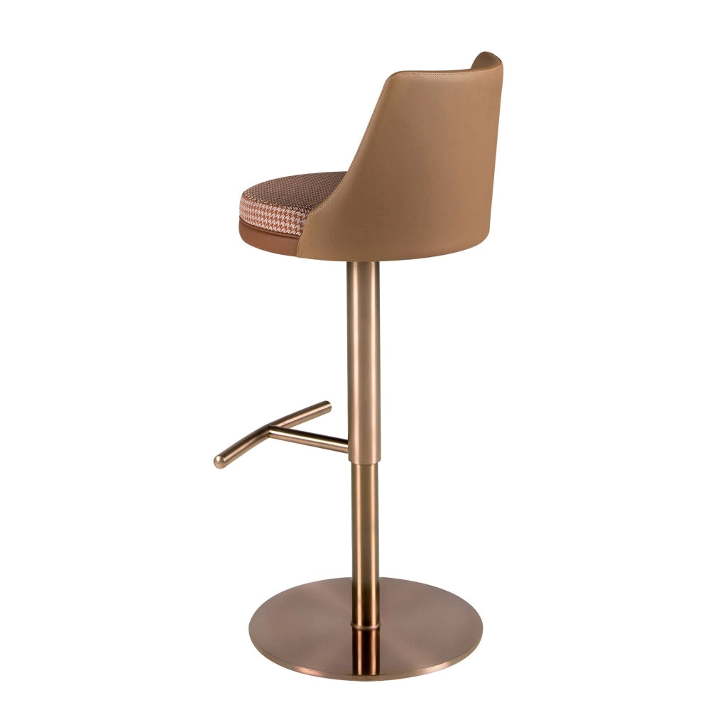 Sgabello girevole in tessuto marrone terracotta e beige e similpelle marrone