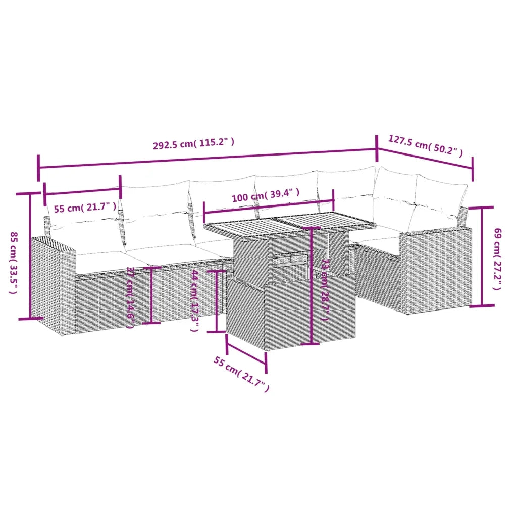 Set Divani da Giardino 7 pz con Cuscini Grigio in Polyrattan