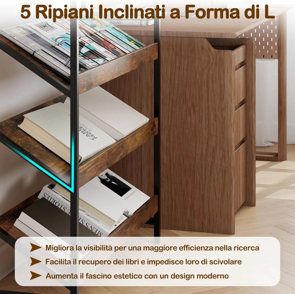 Libreria a 6 Ripiani, Scaffale Inclinato con Struttura Metallica, Porta Giornali Industriale in Legno, Organizer per Soggiorno Camera da Letto Studio, 90x30x161 cm (Marrone)