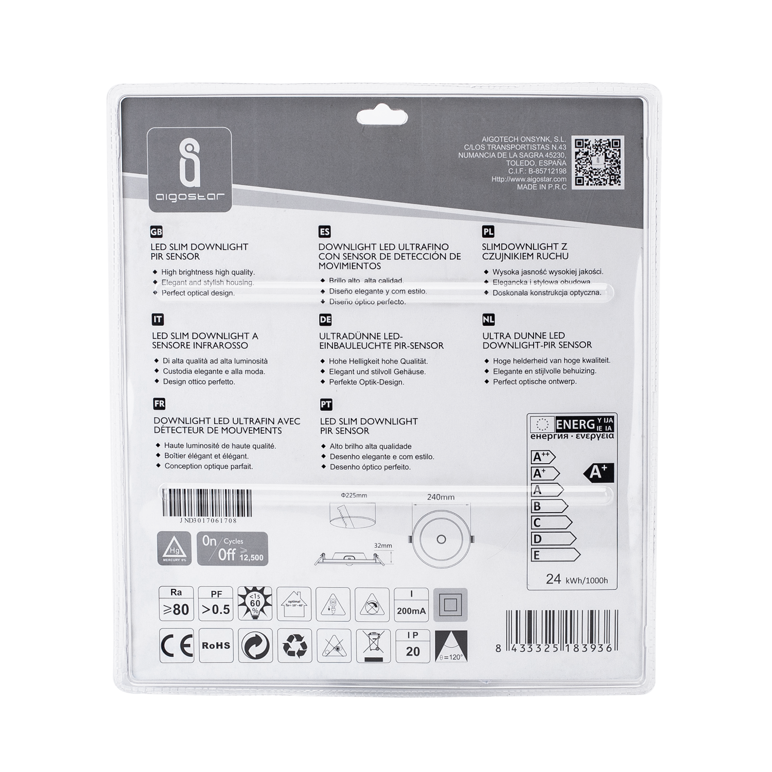 Downlight led e6 rotondo da incasso con sensore 24w luce fredda