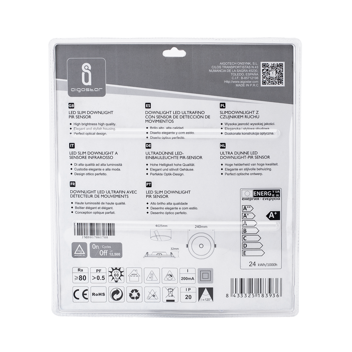 Downlight led e6 rotondo da incasso con sensore 24w luce fredda