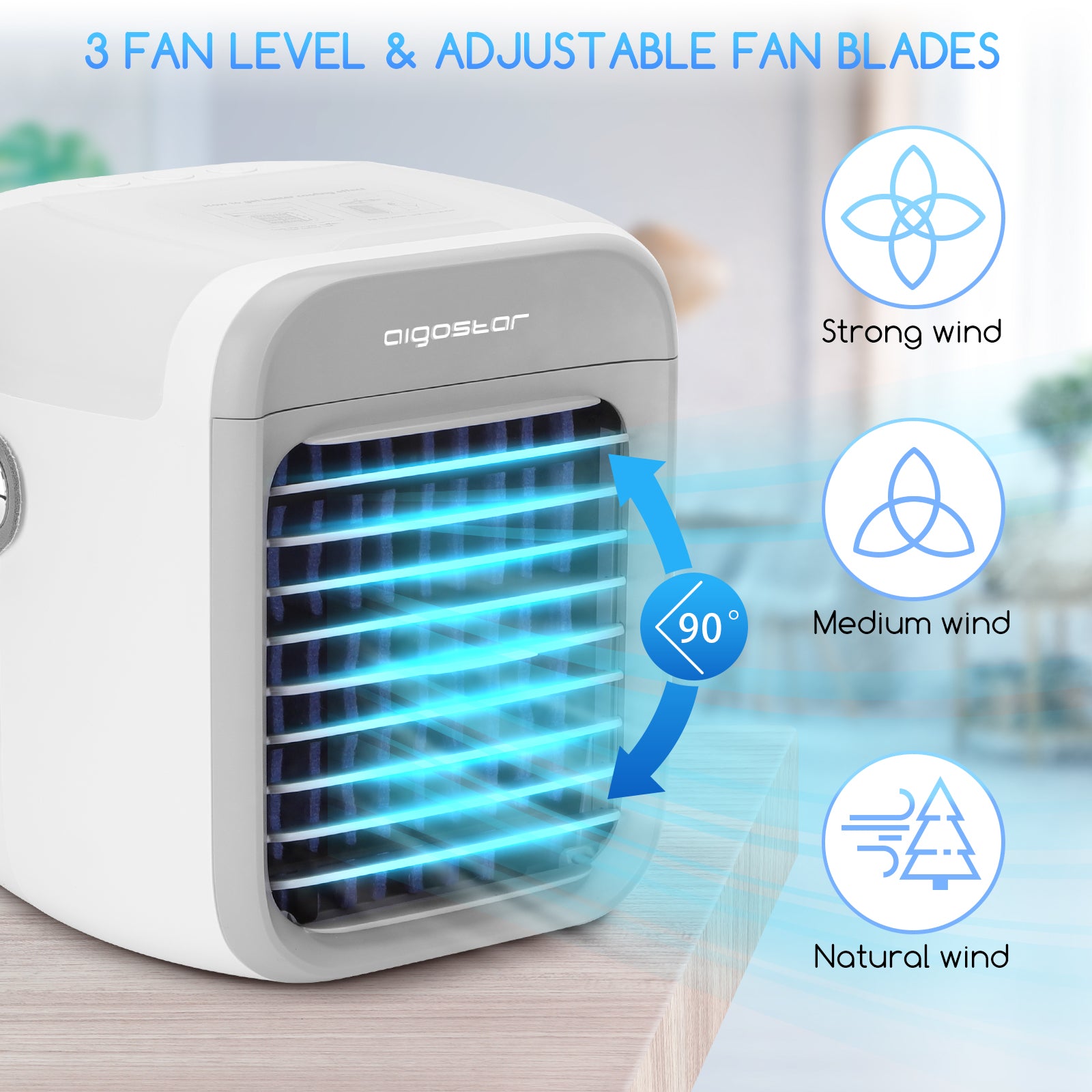 Refrigeratore ad aria portatile, 7 pollici, 9 pale, 3 velocità, 2000mah, bianco