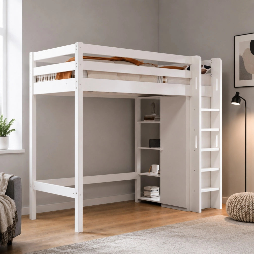 Letto a soppalco 90x200 cm con armadio e 6 ripiani bianco