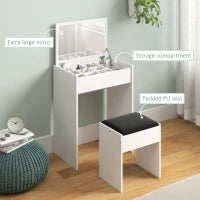 Tavolo da Trucco con Specchio Richiudibile, Tavolo da Trucco Moderno, con Sgabello, Vano Contenitore (10 Scomparti), MDF Bianco, 60.2 x 40.2 x 79cm