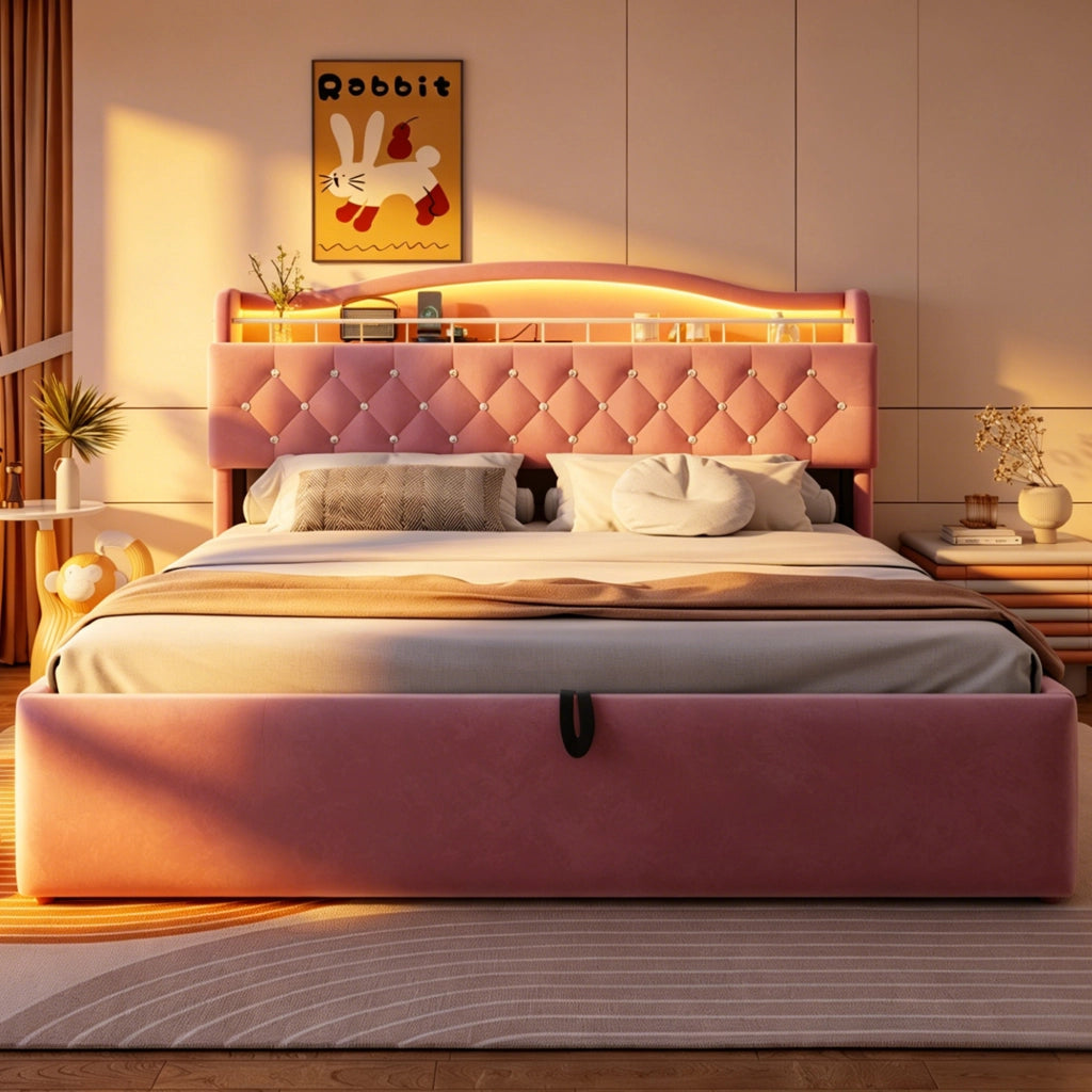 Letto contenitore 180 × 200 cm con sollevamento idraulico, USB, USB-C, led et cassetti testiera, sans materasso