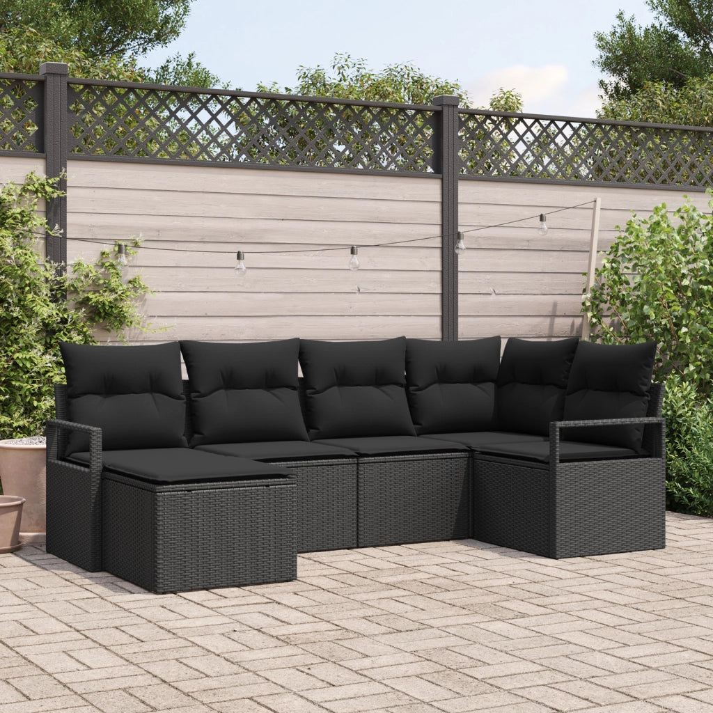 Set di divani da giardino a 6 pezzi con cuscini in rattan poli nero