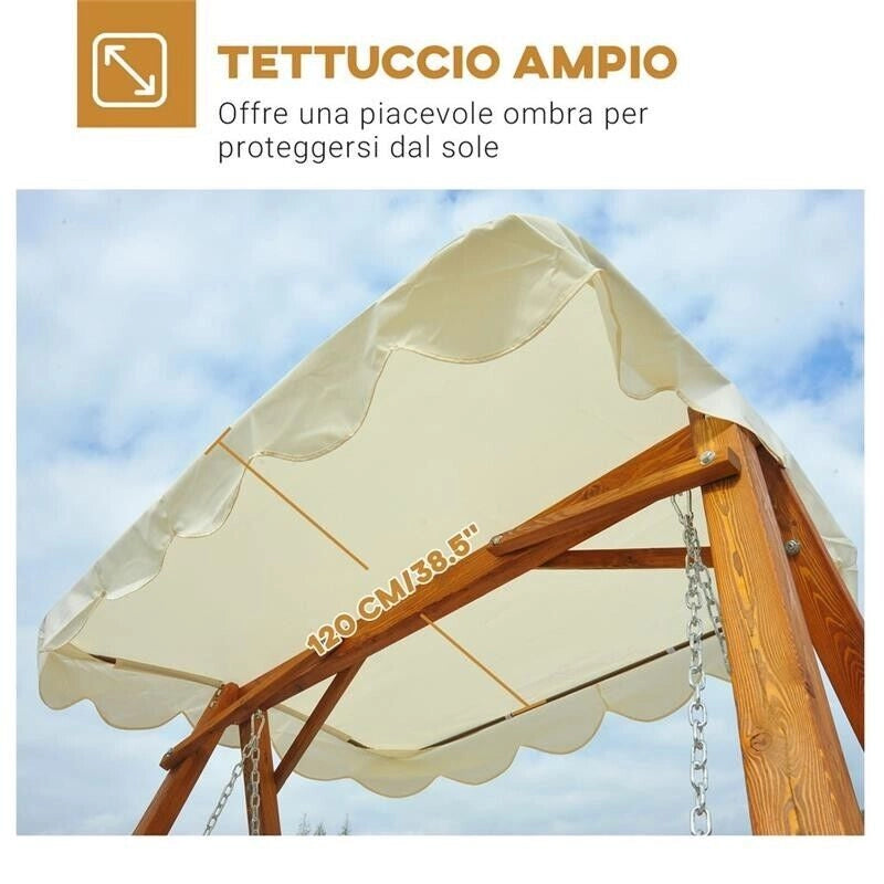 DONDOLO DA GIARDINO 2 POSTI IN LEGNO DI PINO CON TETTUCCIO PARASOLE BIANCO