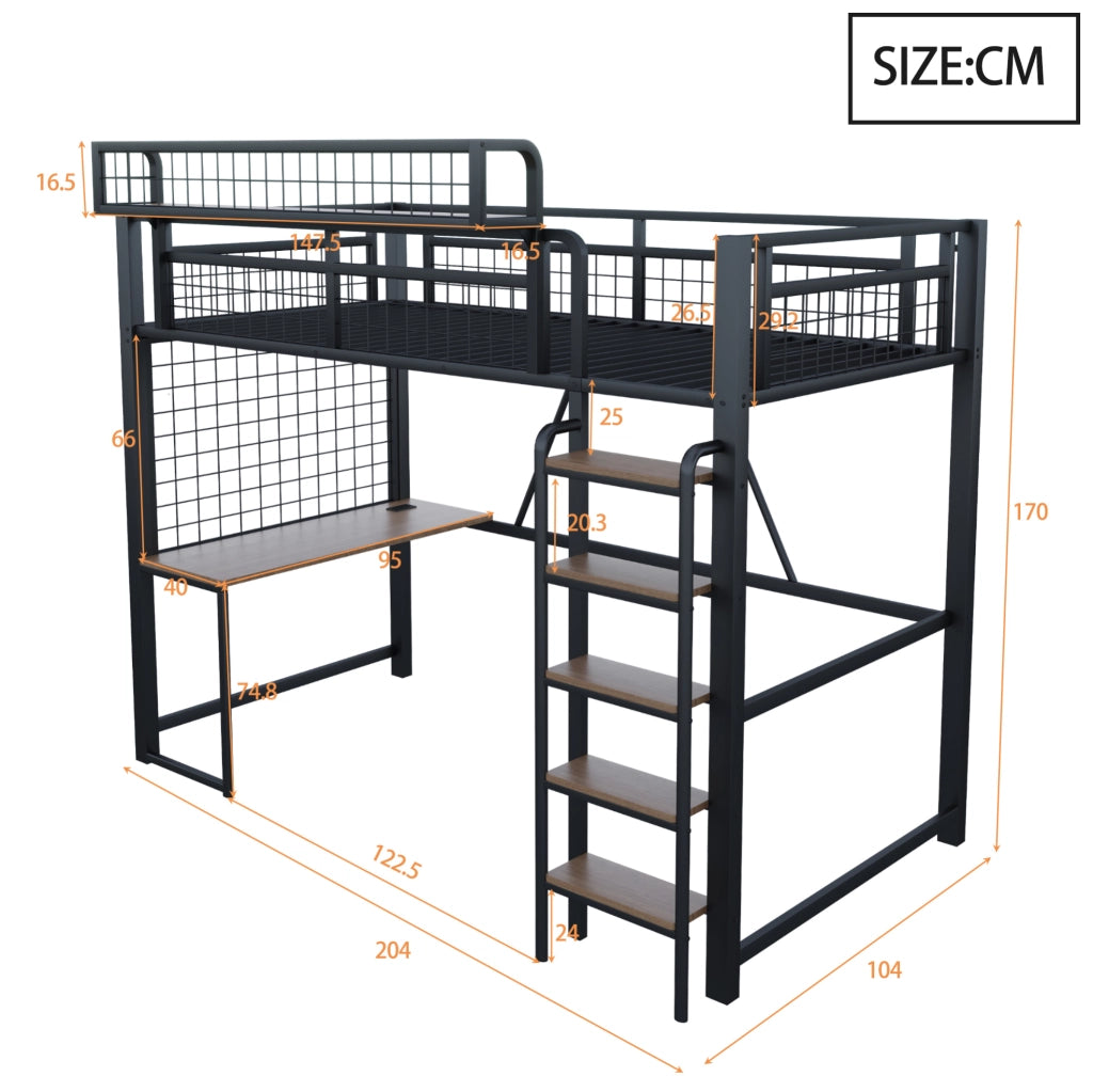 Letto a soppalco in metallo 90x200 cm con scrivania; LED; presa e scala; nero