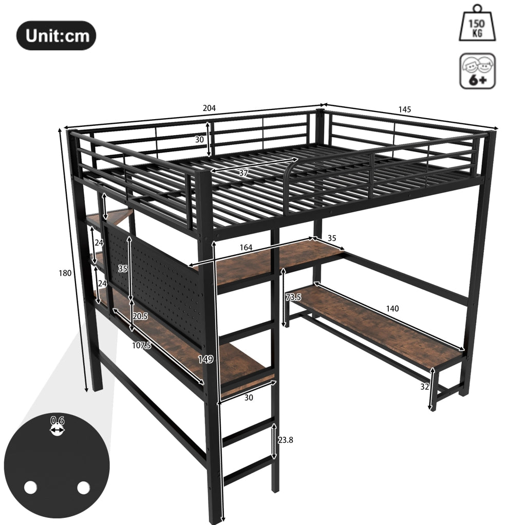 Letto a soppalco 140x200 cm con scrivania e ripiani; in metallo nero (Senza materasso)