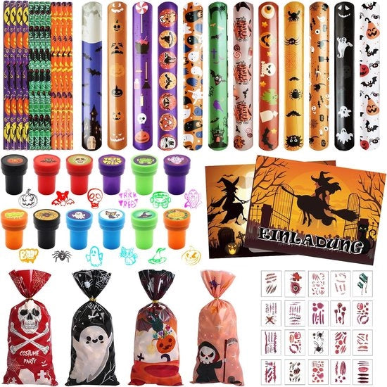 80 pacchi di regali Halloween per bambini, giocattoli per feste di Halloween, matite, sacchetti di regalo, braccialetti, biglietti di invito, timbri Halloween, tatuaggi temporanei