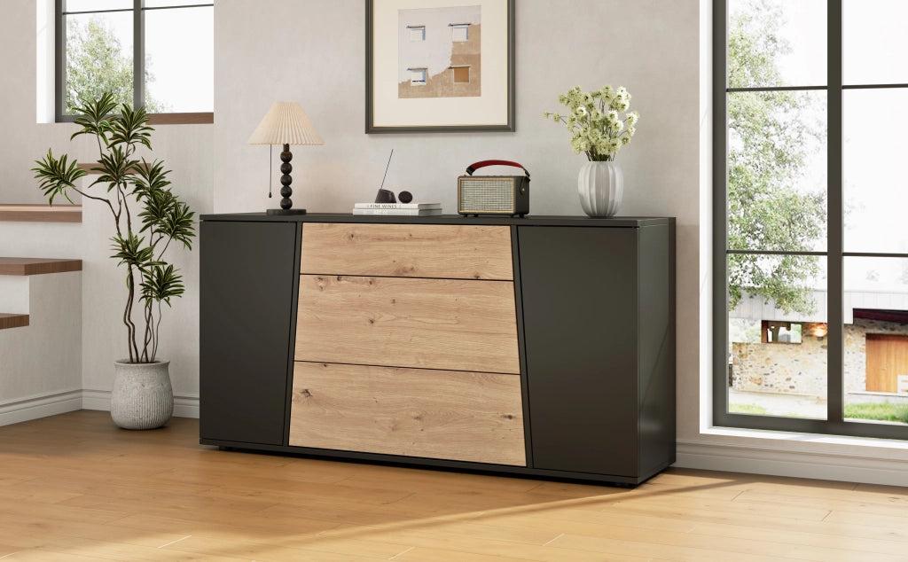Credenza moderna 140 cm mobile buffet nero e legno con cassetti e ante