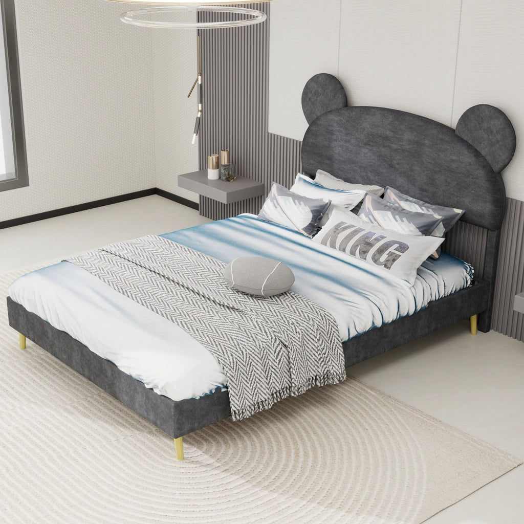 Letto per Bambini 140x200 cm; Letto Singolo - Testiera Orso; Angoli Arrotondati - Grigio