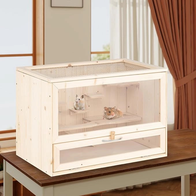 Gabbia per Criceti, Gabbia Criceti in Legno con Tetto Ribaltabile in Rete, Aree Multi-Scala, Rampa, Pannello in Acrilico e Porta Bloccabile, 60 x 35,5 x 42 cm