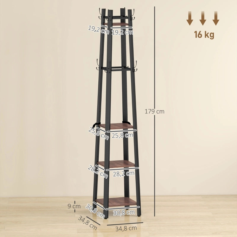Appendiabiti da terra 2-in-1 con 8 ganci e 4 ripiani, stile industriale, 34,8 x 34,8 x 179 cm, marrone
