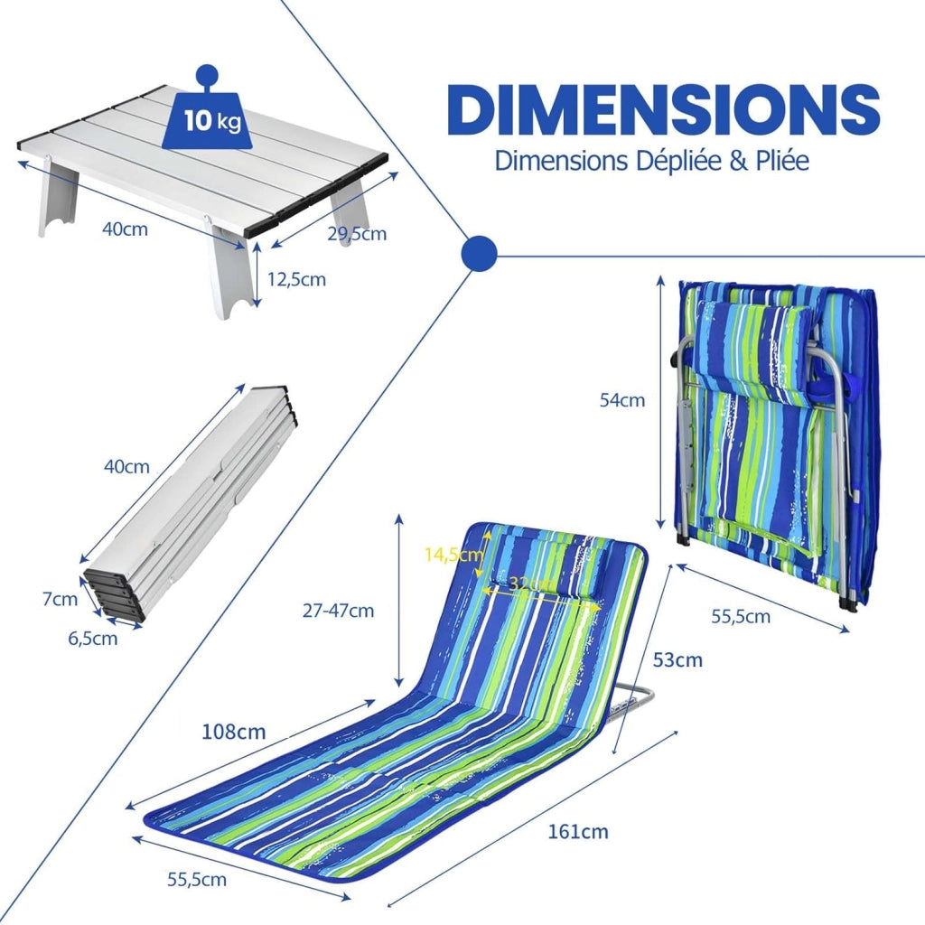 Set di 2 Materassi da Spiaggia Pieghevoli e Tavolino, Sedie a Sdraio da Spiaggia Regolabili in 5 Posizioni con Poggiatesta Rimovibile, Tasca per Giardino, Campeggio (Blu+Verde)
