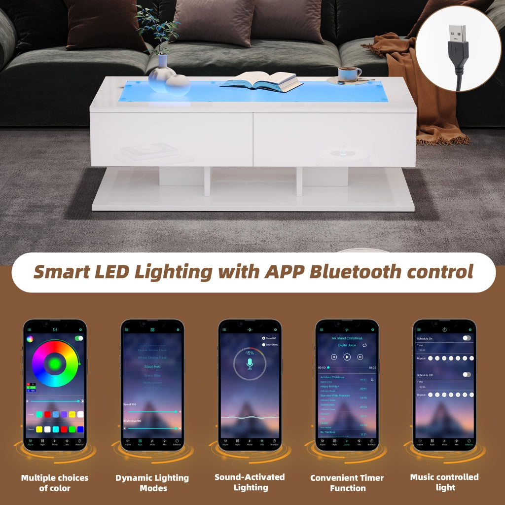 Tavolino basso con 2 cassetti piano in vetro temperato e LED da app in truciolare bianco 100 × 50 × 35 cm
