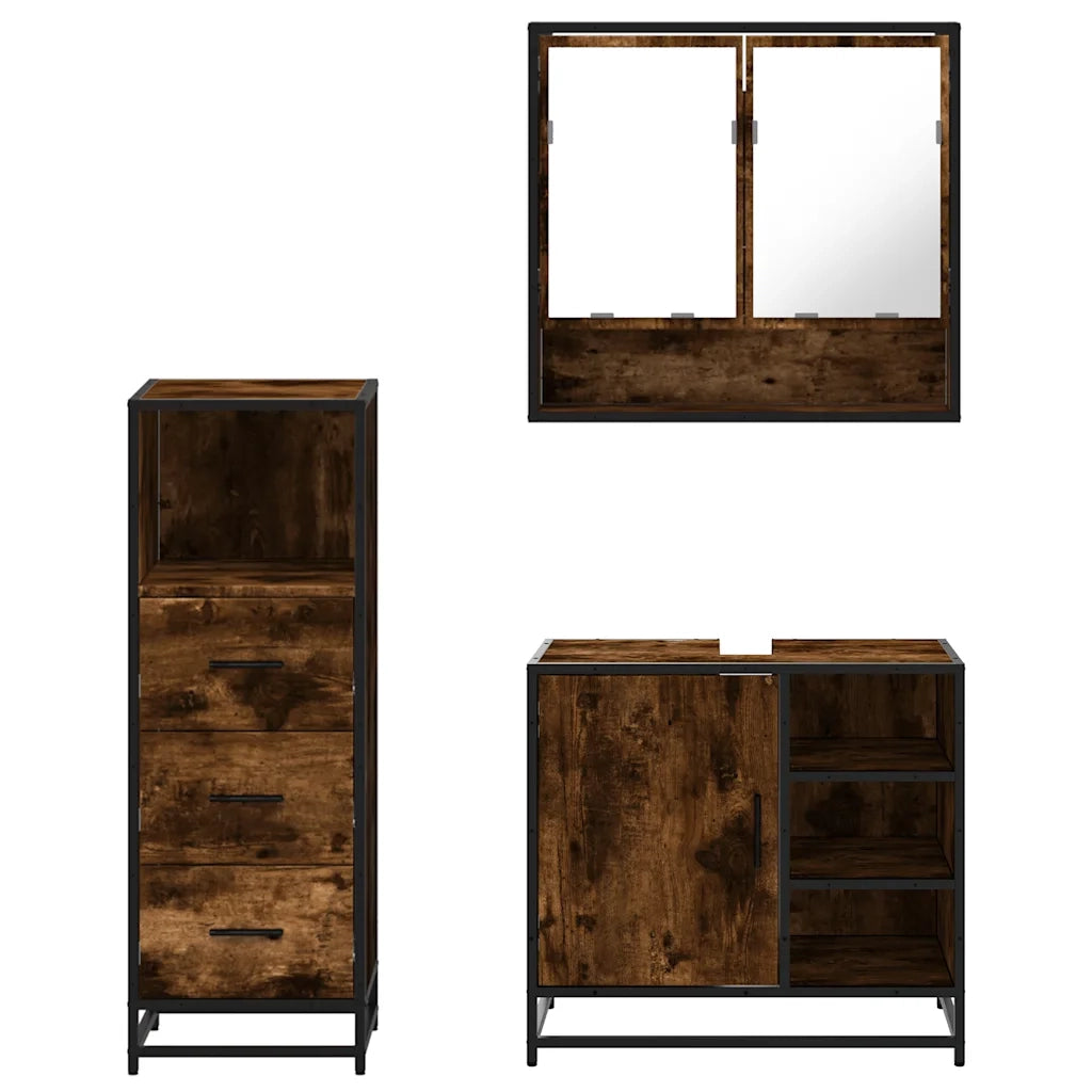 Set Mobili da Bagno | Armadio da bagno 3 pz Rovere Fumo in Legno Multistrato