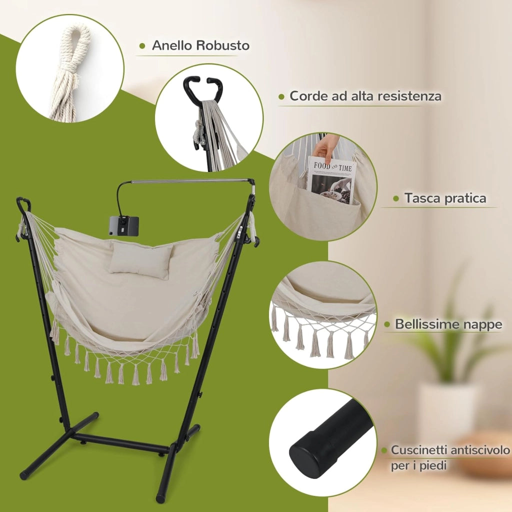 Sedia Amaca Sospesa con Supporto, Sedia Sospesa Regolabile in Altezza 6 Livelli, Supporto Porta Cellulare, Tasca Laterale, Cuscino, Portata 250 kg (Beige)