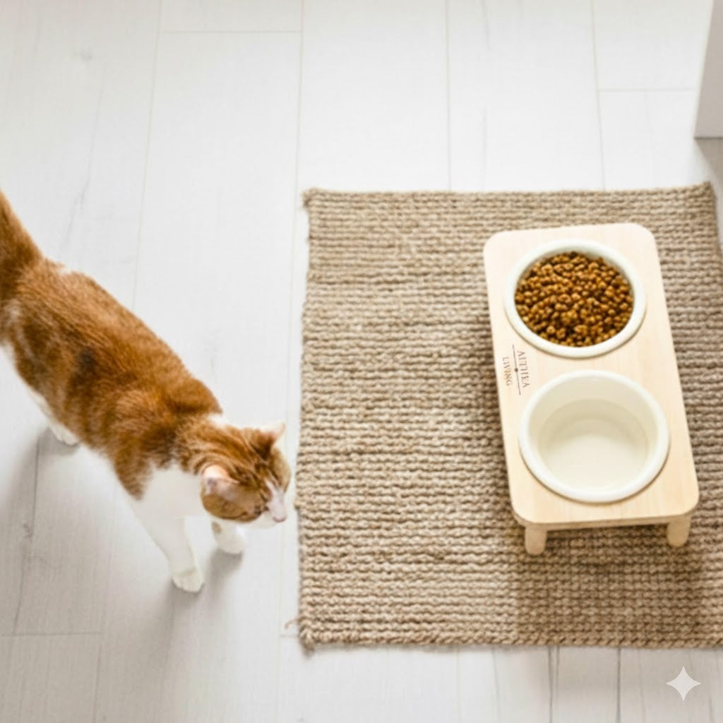 Ciotola e abbeveratoio per gatti CALA BLANCA in ceramica e bambù 2 in 1 38 x 20 x 13,5 cm