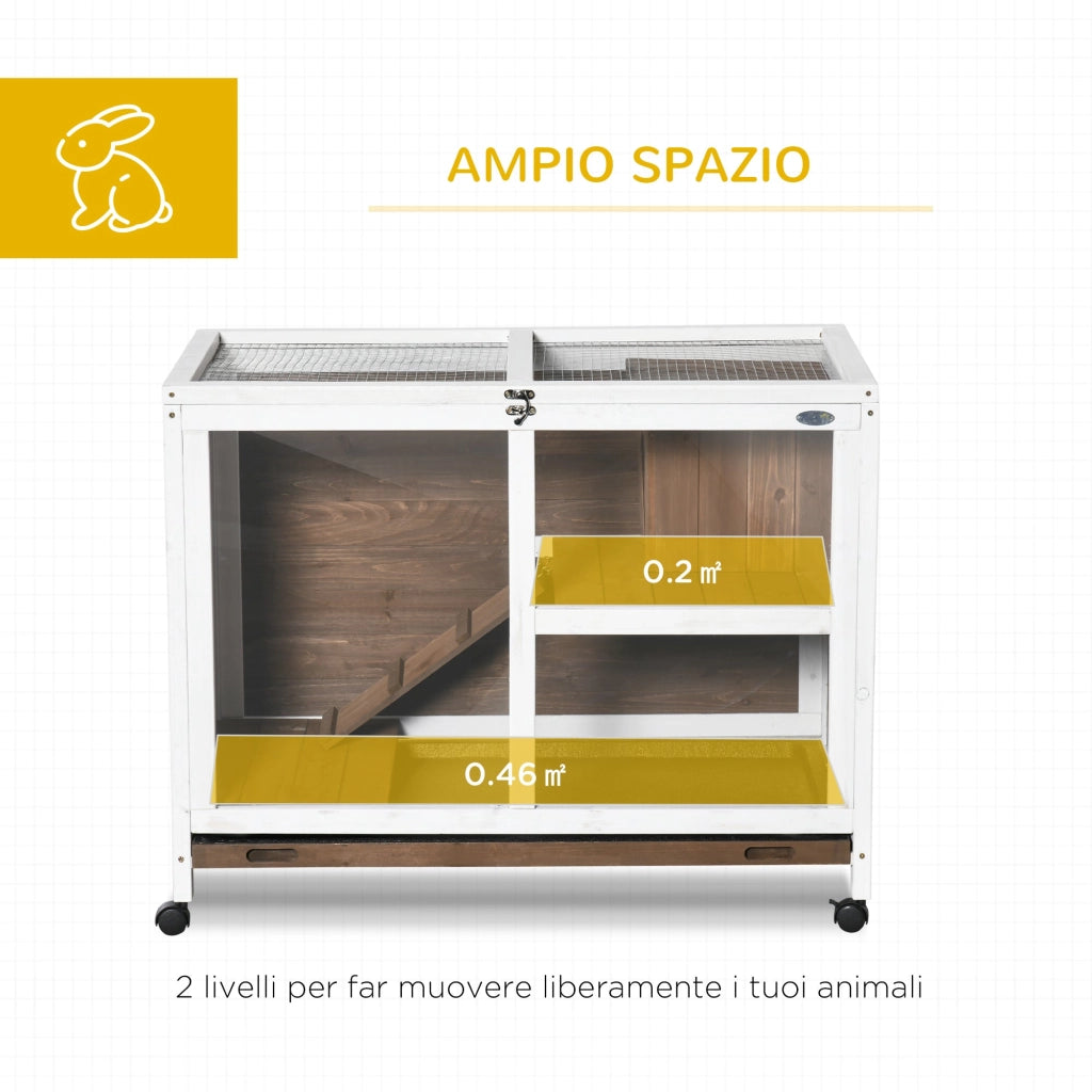 Conigliera a 2 Livelli con Casetta Rampa e Vassoio Estraibile 91,5x53,3x73 cm in Legno di Abete Marrone