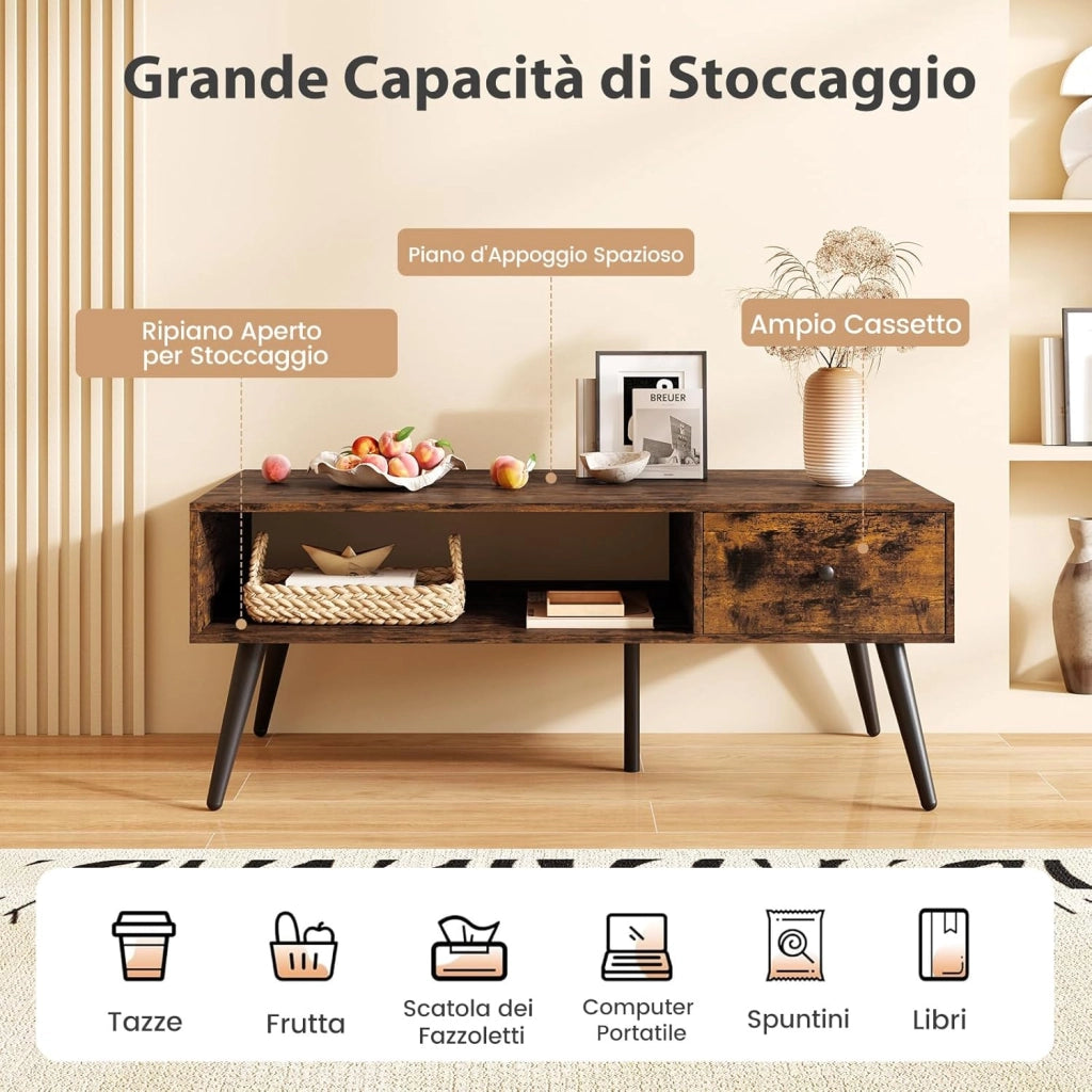 Tavolino da Salotto Rettangolare Design Moderno, Tavolino da Caffè con Cassetto e Mensola Inferiore, Tavolino Basso da Divano con Gambe in Metallo per Soggiorno, 109 x 55 x 42 cm (Marrone)