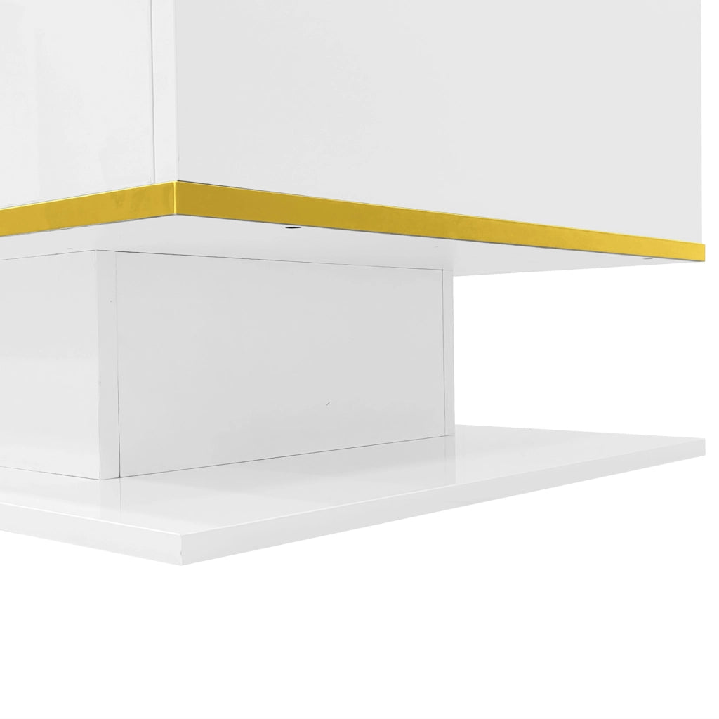 Tavolino da caffè 100x50x40 cm con 3 cassetti e LED in pannello di particelle bianco e oro