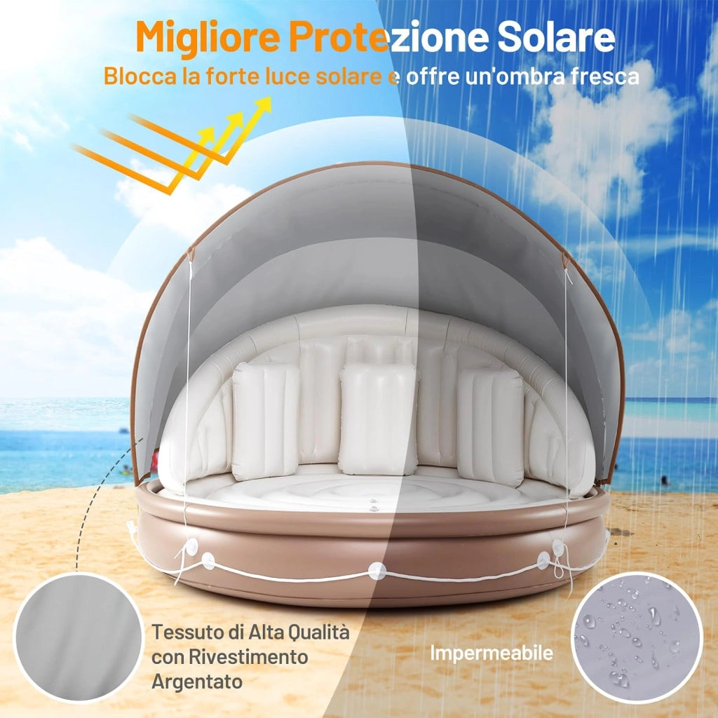 Isola Gonfiabile da Piscina, Lounge Gallegiante con Ombra Retrattile e Rimovibile, Dotato di 3 Cuscini, Materasso Gonfiabile Pieghevole e Portatile per 2 Persone, Portata 180 kg