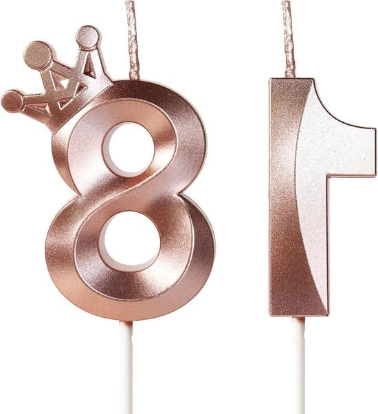 Candele per compleanni numeri 18 con corona 3D rosé oro 5 cm - decorazione per torta compleanno, matrimonio, anniversario