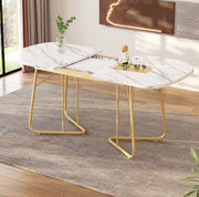 Tavolo da pranzo allungabile bianco effetto marmo; piano in MDF e gambe in metallo dorato