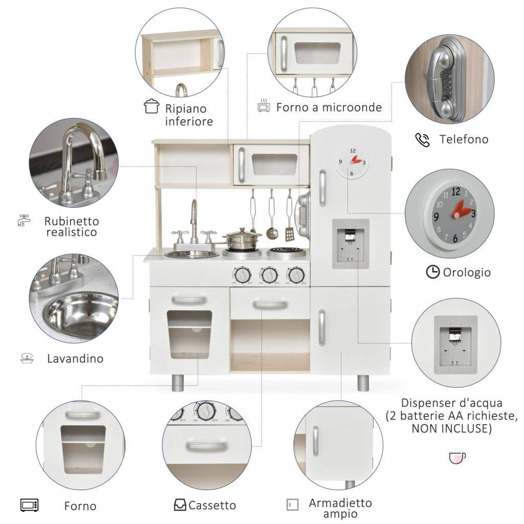 EasyComfort Cucina Giocattolo in Legno per Bambini con Lavandino e Fornelli, Pentole e Utensili in Acciaio, 74x30x81cm, Bianco