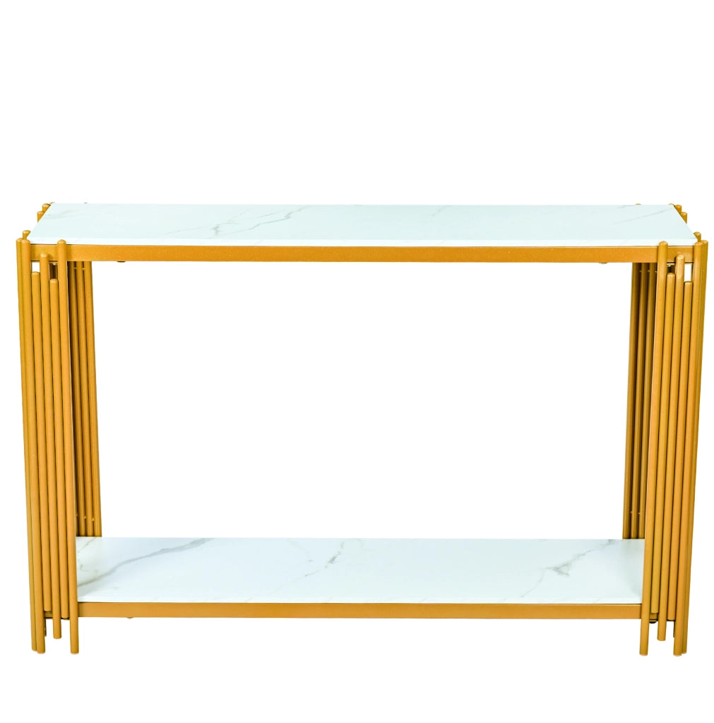 Tavolo consolle a 2 ripiani in MDF effetto marmo bianco e oro