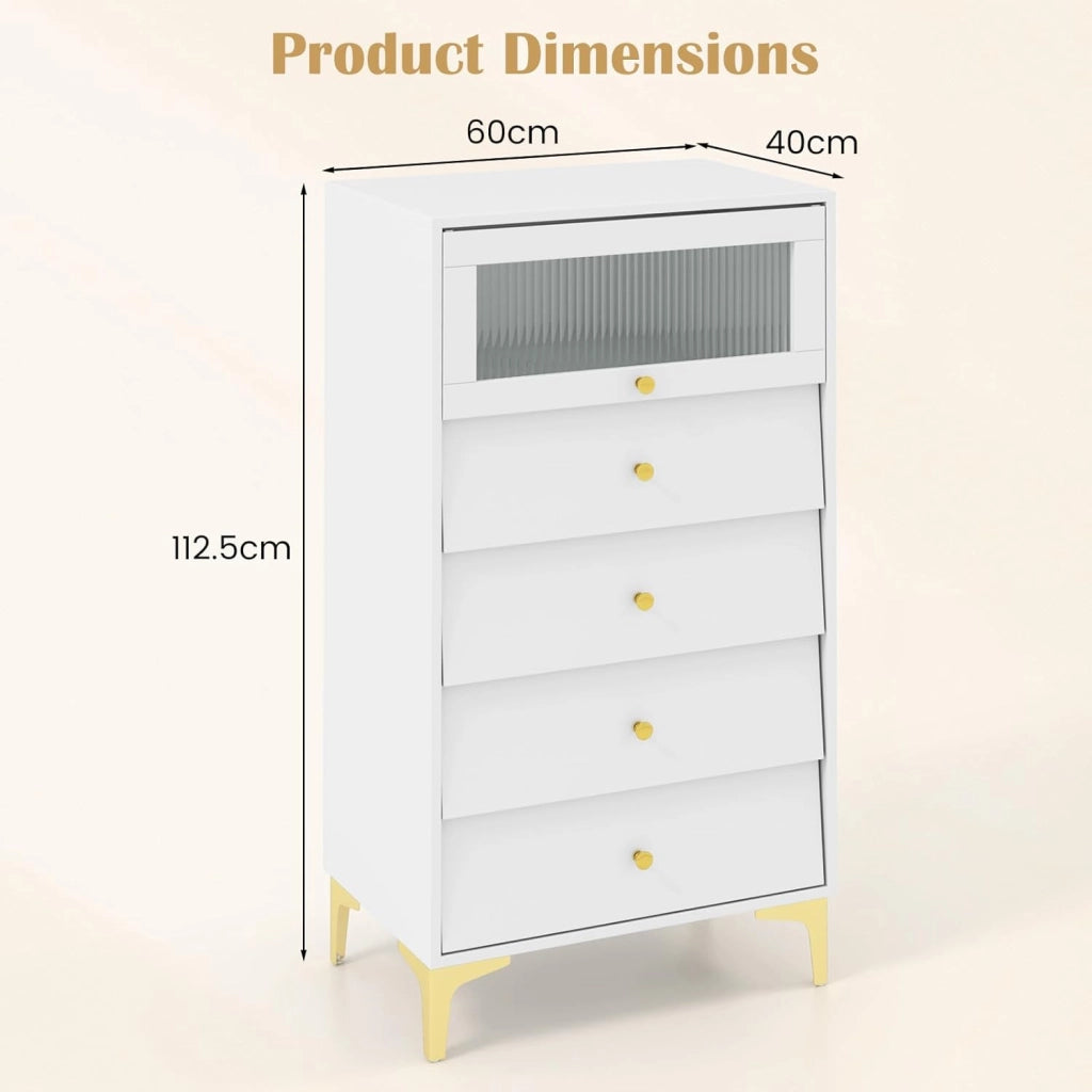 Cassettiera con 4 cassetti e porta in vetro apribile, credenza in legno con gambe in metallo, armadietto da pavimento autoportante con protezione antiribaltamento, moderno mobile da soggiorno