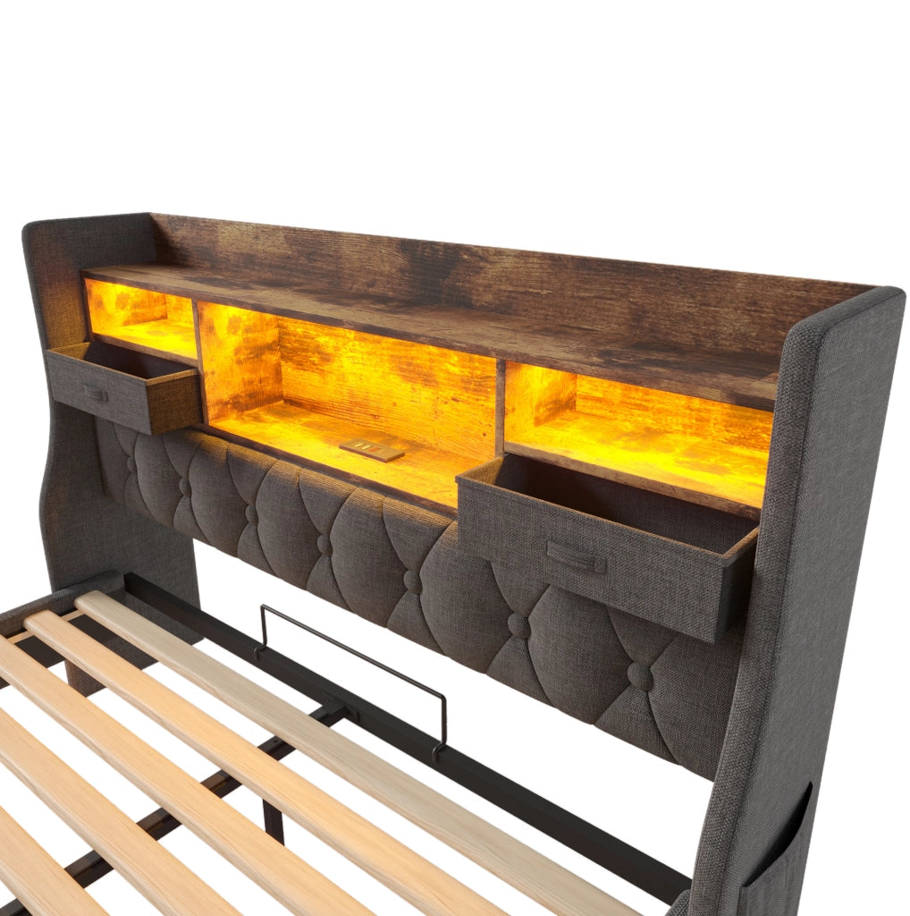 Letto matrimoniale 140x190 cm con LED e porta USB C; testiera con contenitore e rete a doghe; lino grigio